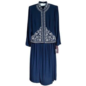 VTG Karin Stevens Navy Blue Mandarin Collar Jacket Dress w/ White Soutache Trim